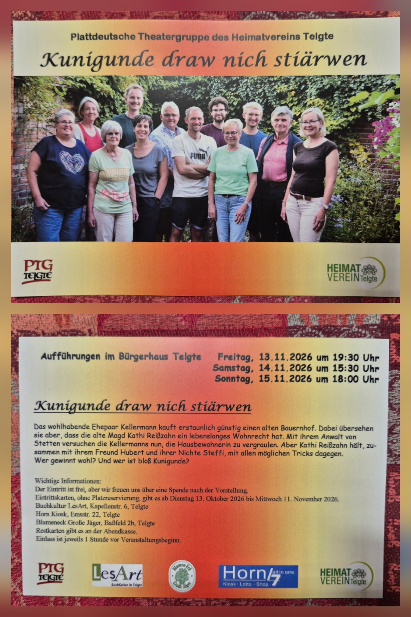 Gruppenfoto der Beteiligten der plattdeutschen Theatergruppe des Heimatvereins Telgte auf der Werbekarte